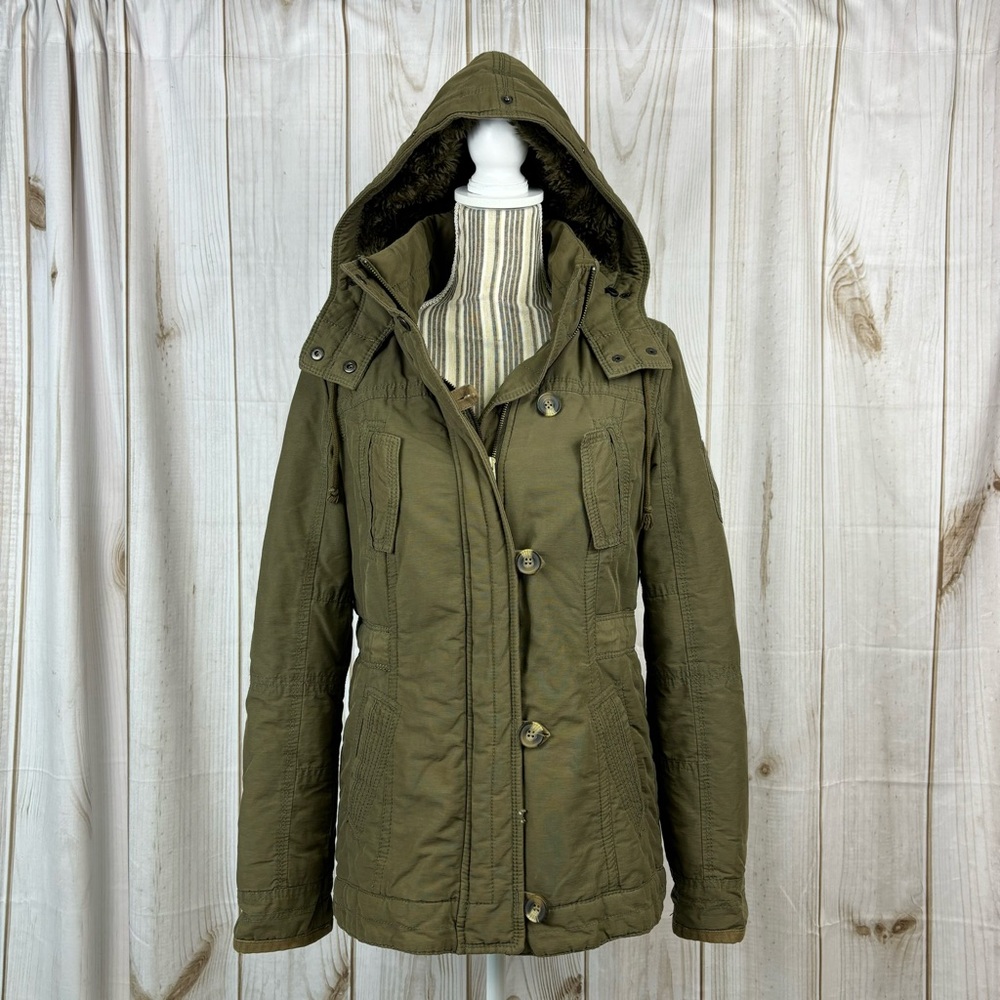 AE Coat Hooded Sherpa Lined Utility Full Zip Warm Jacket Army Green Size Medium